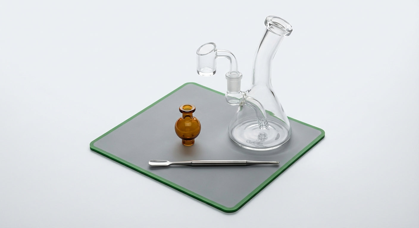 Flat lay of a complete beginner dab rig setup including glass rig, banger, carb cap, dab tool, and silicone mat on a ...