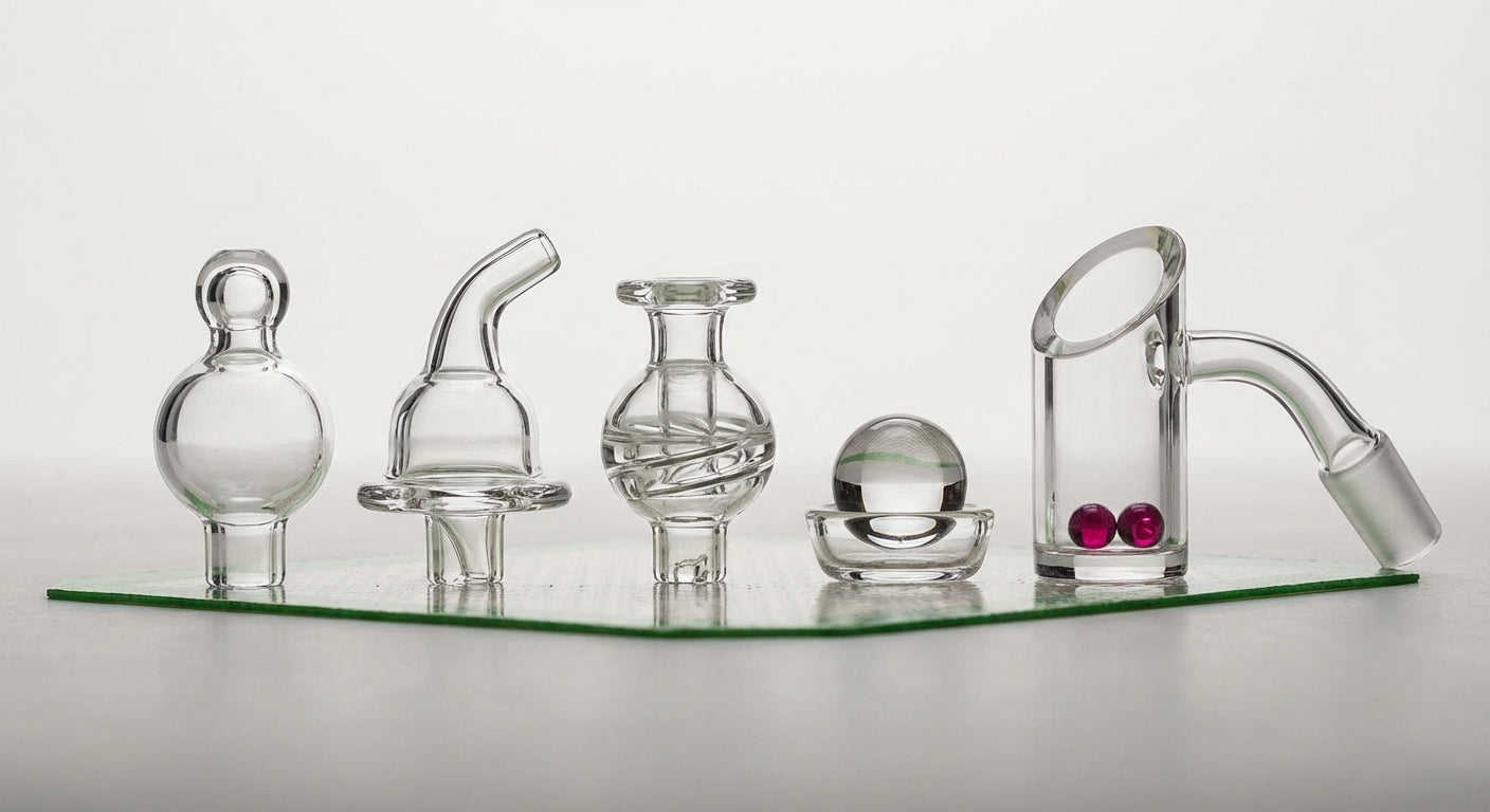 Close-up lineup of carb cap styles (bubble, directional, spinner, marble set) next to a quartz banger and terp pearls