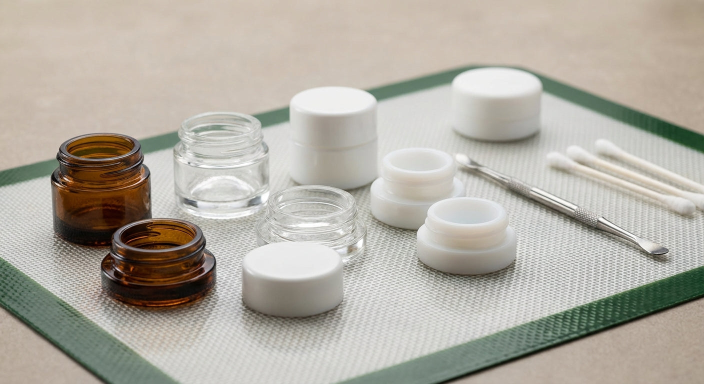 Close-up of different concentrate containers on a clean silicone dab mat
