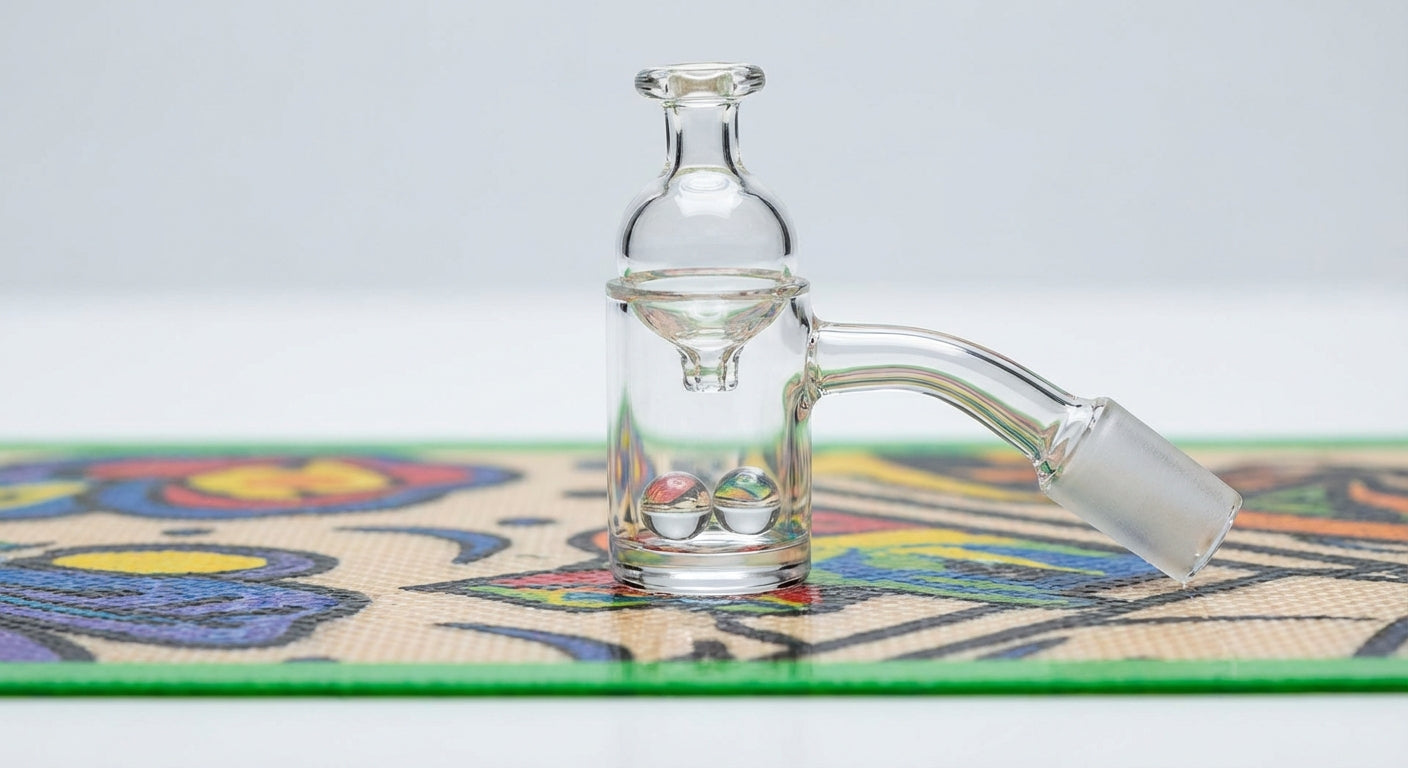 close-up of a 25mm quartz banger with spinning terp pearls and a bubble cap on a colorful silicone dab mat