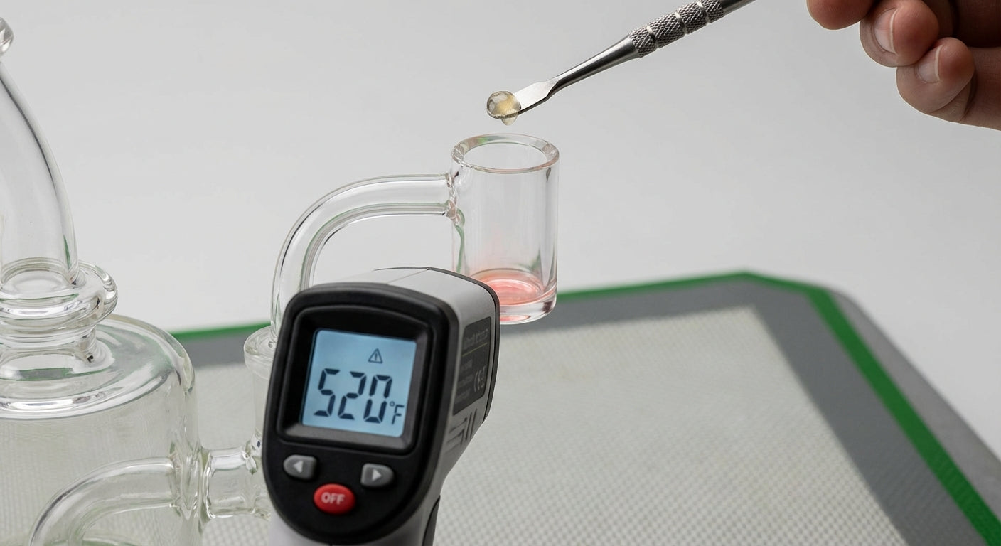 Close-up of a quartz banger reading 520°F on an infrared thermometer while a dab tool holds a small glob above it