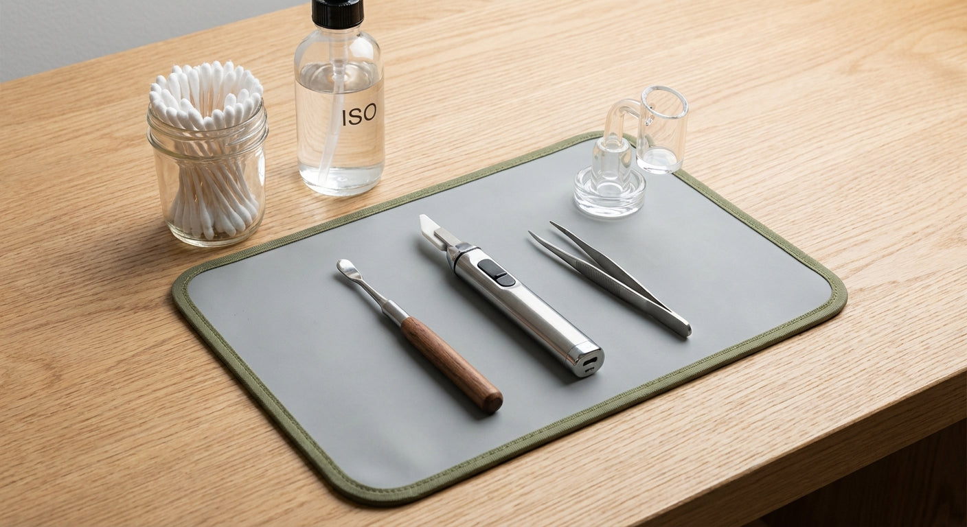 A clean dab station layout with a dab pad, dab tool, hot knife, tweezers, cotton swabs, ISO, and a quartz banger