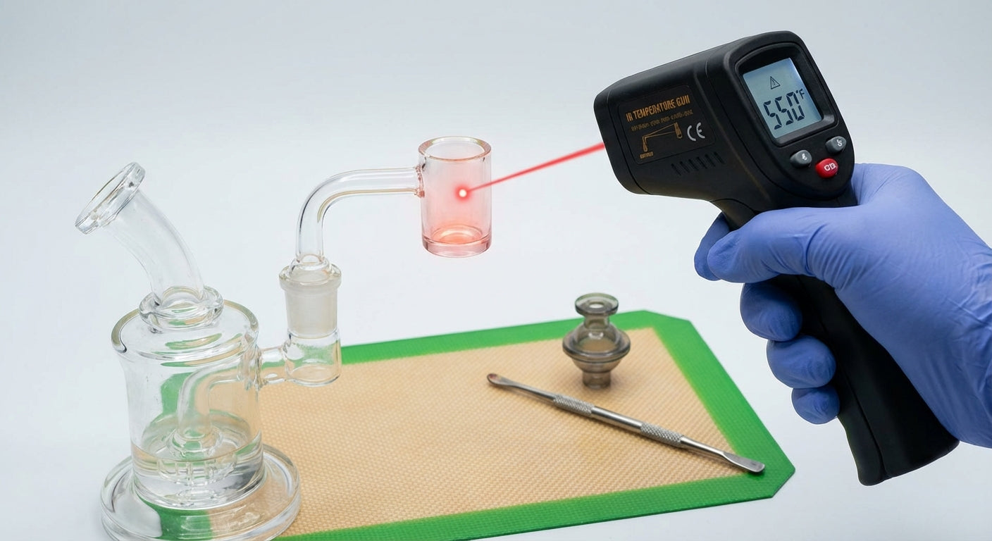 Close-up of an IR temp gun reading a quartz banger on a dab rig