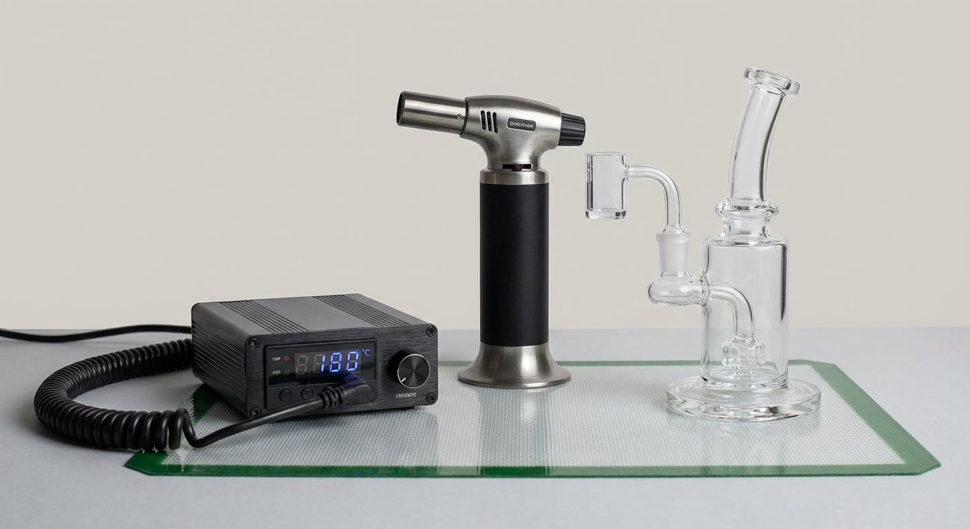 Close-up of an e-nail controller next to a torch, both beside a dab rig on a silicone dab mat
