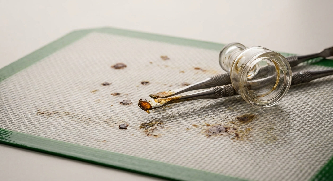 close-up of dirty dab tools on a silicone dab pad with reclaim spots