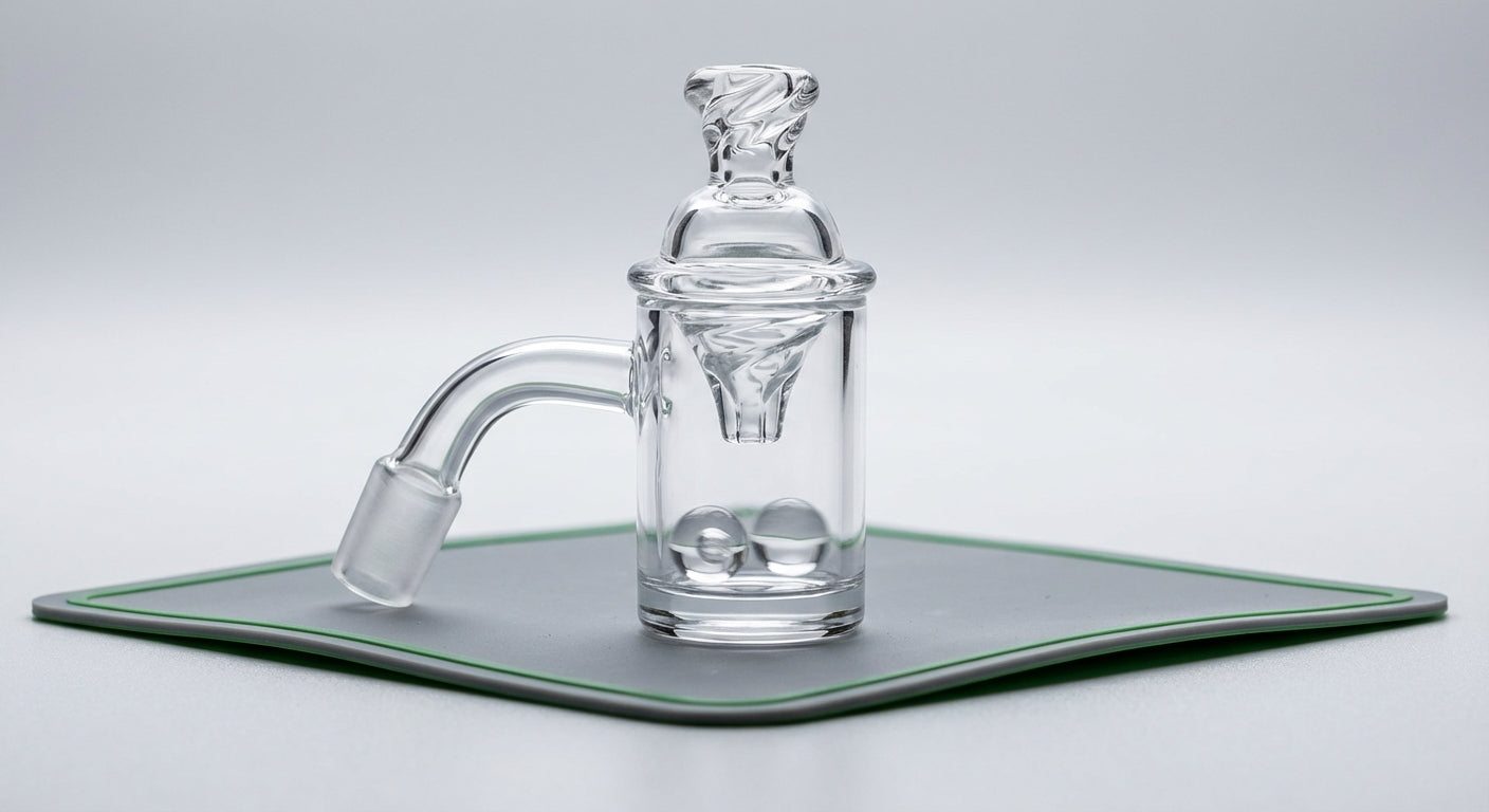 Close-up of terp pearls spinning under a vortex carb cap in a quartz banger