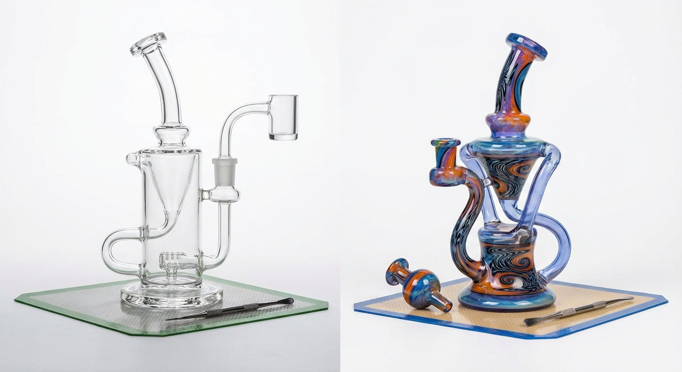 Side-by-side photo of a clean scientific recycler rig and a colorful heady recycler with detailed linework