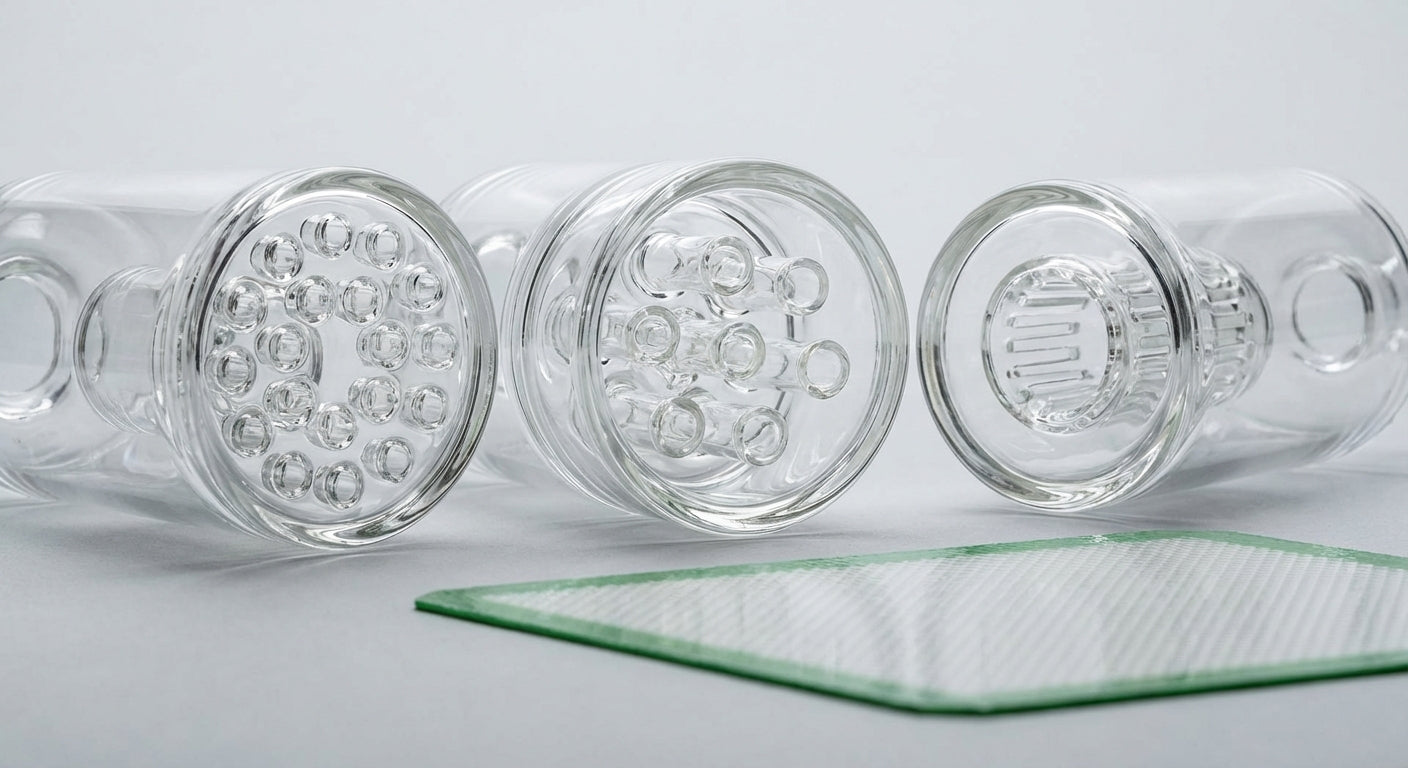 Close-up of different percolators (honeycomb, tree, showerhead) inside clear glass