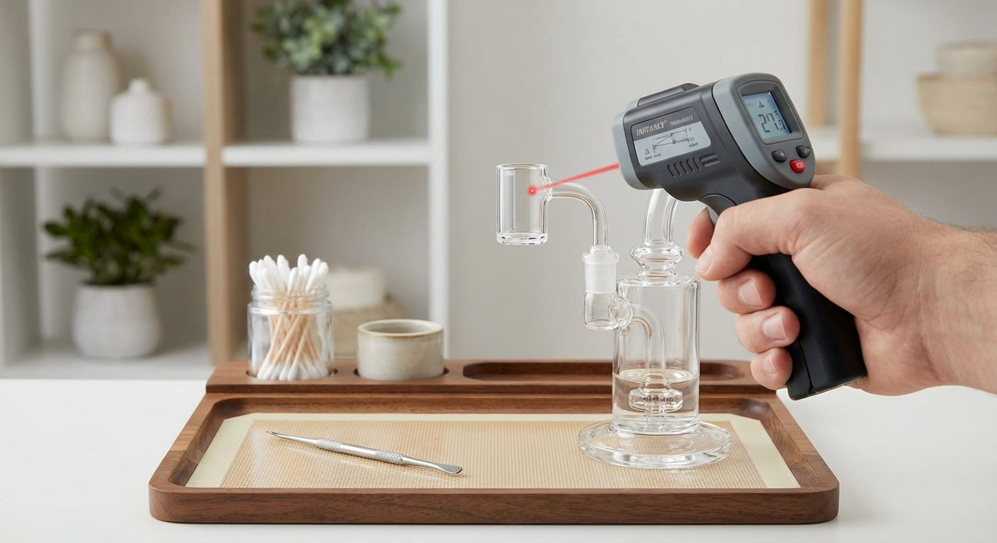 A clean quartz banger being checked with an IR temp gun over a dab rig on a tidy dab station