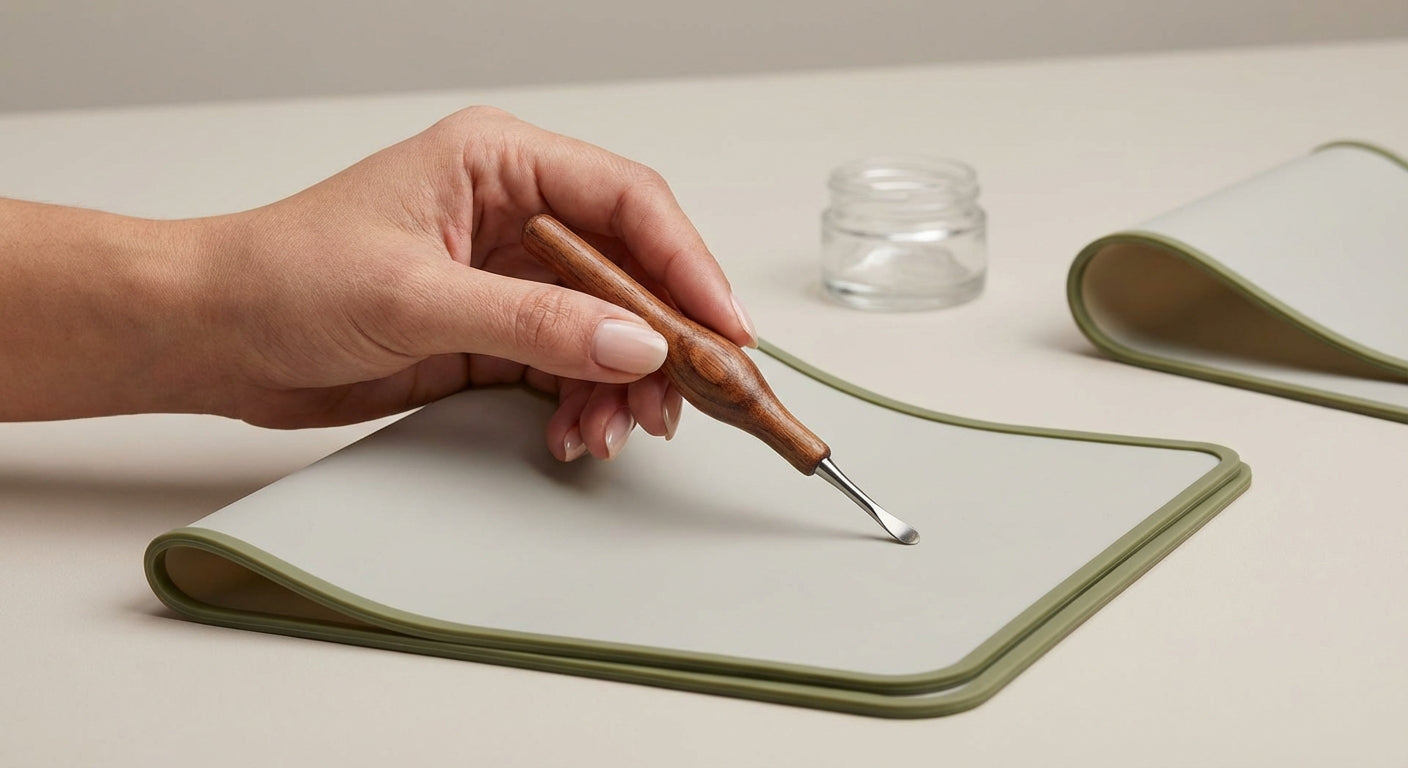 Close-up of a hand holding an ergonomic dab tool over a silicone dab mat