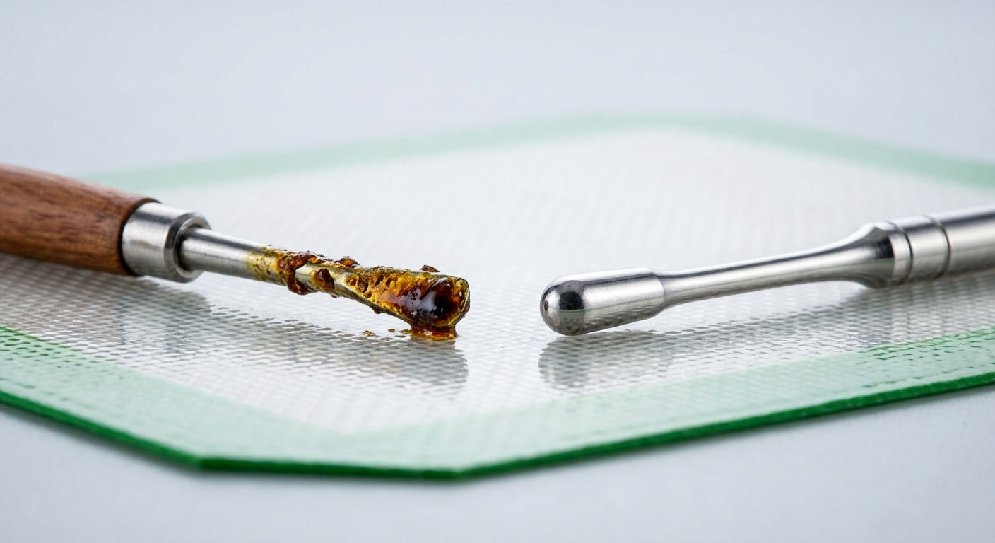 Close-up of a messy dab tool next to a spotless, shiny dab tool on a silicone dab mat