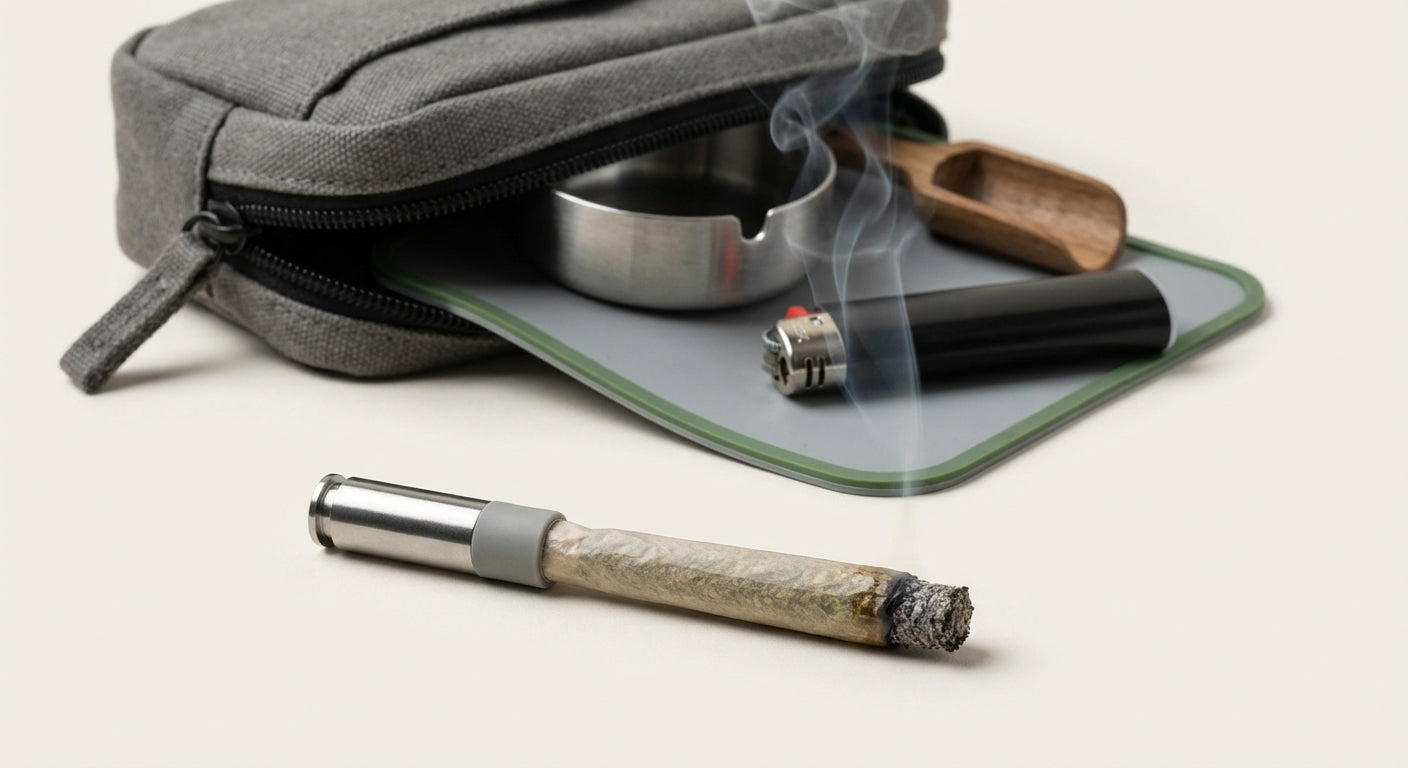 Close-up of a reusable joint filter attached to a lit joint with a discreet travel setup in the background