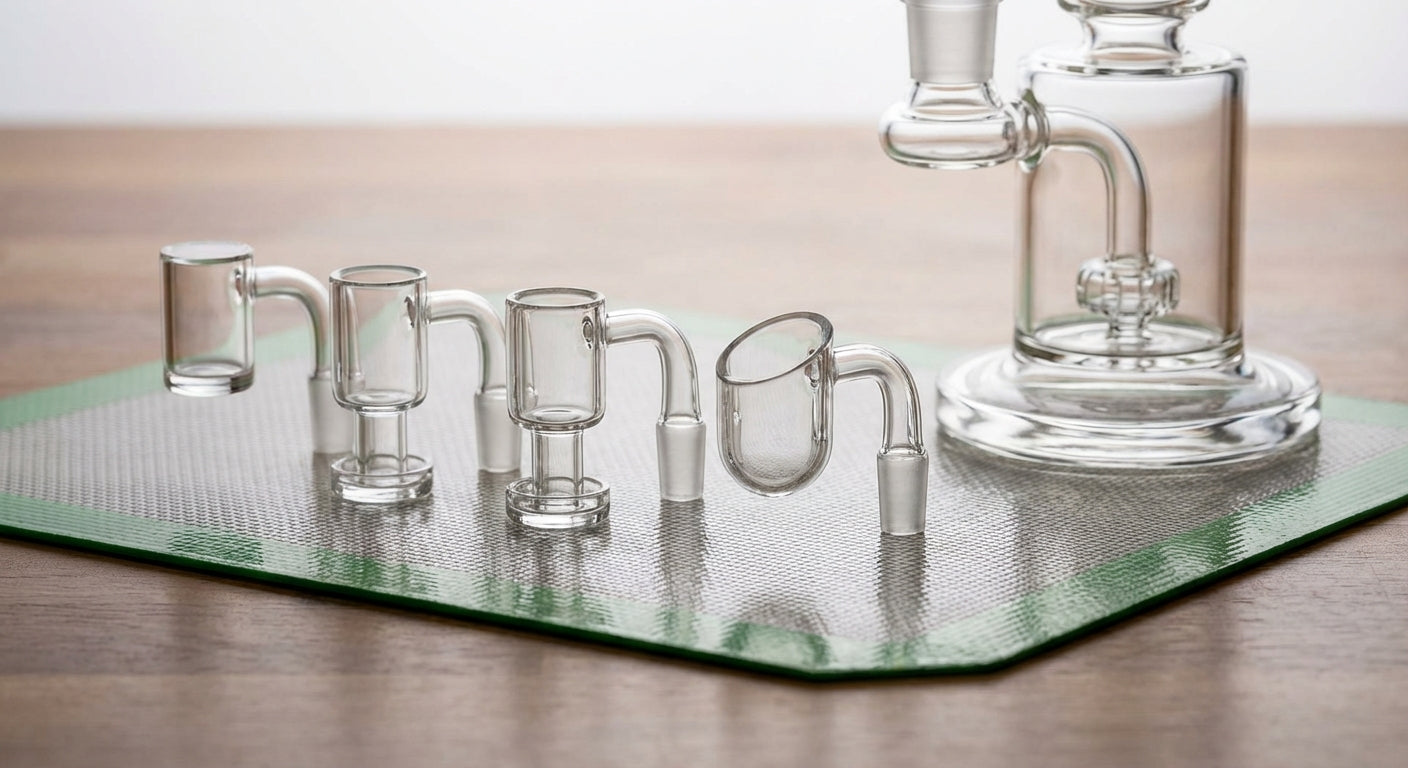 Close-up lineup of different quartz banger shapes and thicknesses on a dab pad next to a rig