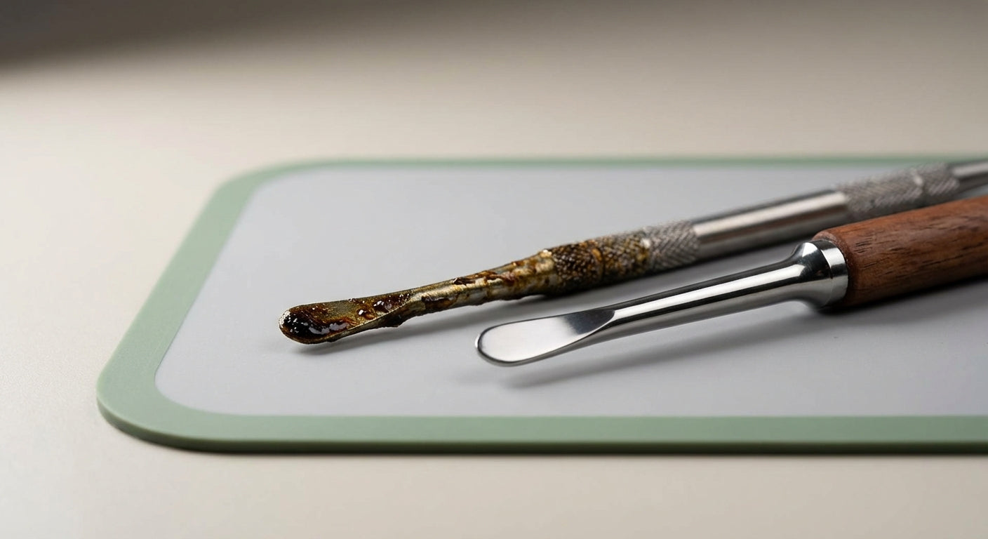 Close-up of a messy dab tool next to a perfectly clean dab tool on a silicone dab mat