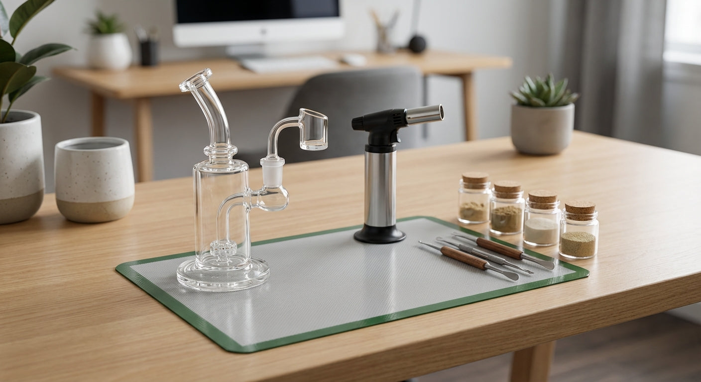 Clean minimalist dab station on a desk with rig, torch, silicone dab mat, tools, and storage jars neatly laid out