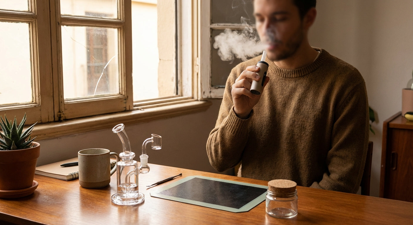 Person exhaling through a smoke filter by a cracked window, with a dab rig and silicone dab mat on a desk