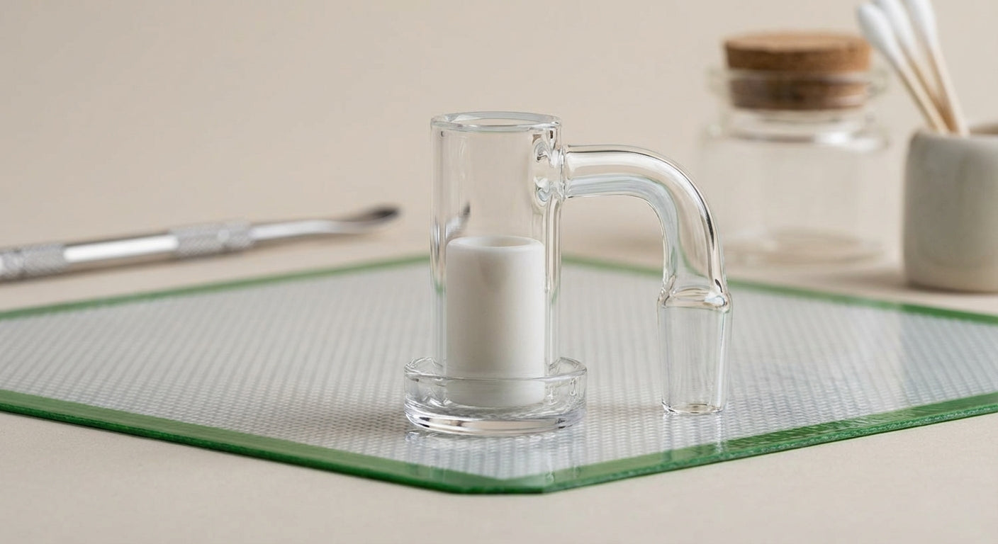 Close-up of a quartz control tower banger with a 1-inch solid insert sitting inside,  the fit