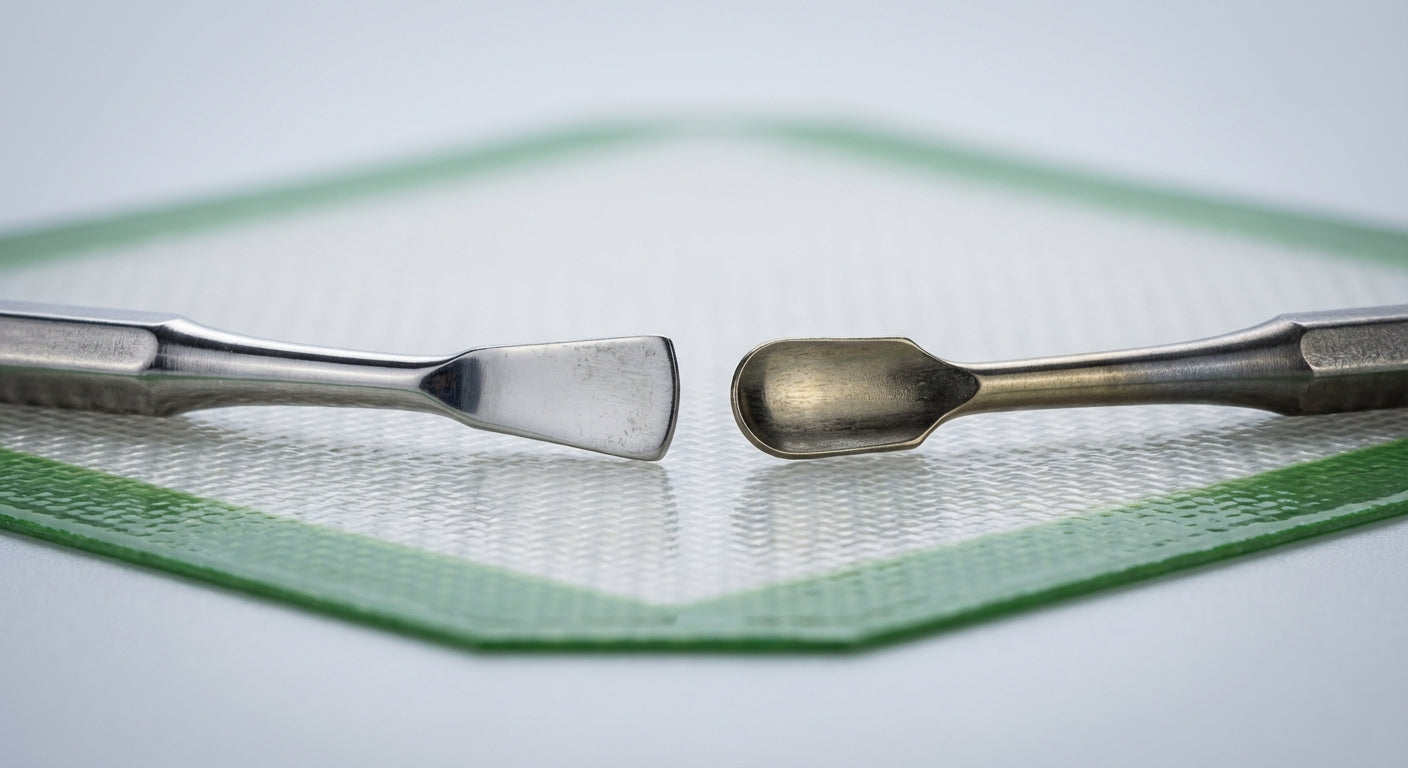 Close-up side-by-side of a stainless steel dab tool and a titanium dab tool on a silicone dab mat,  texture and color...