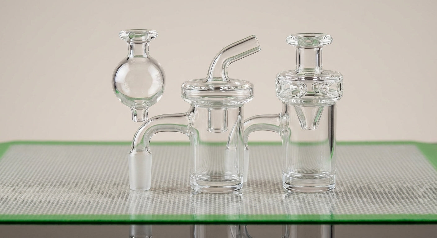 Close-up of bubble, directional, and spinner caps side-by-side on a quartz banger