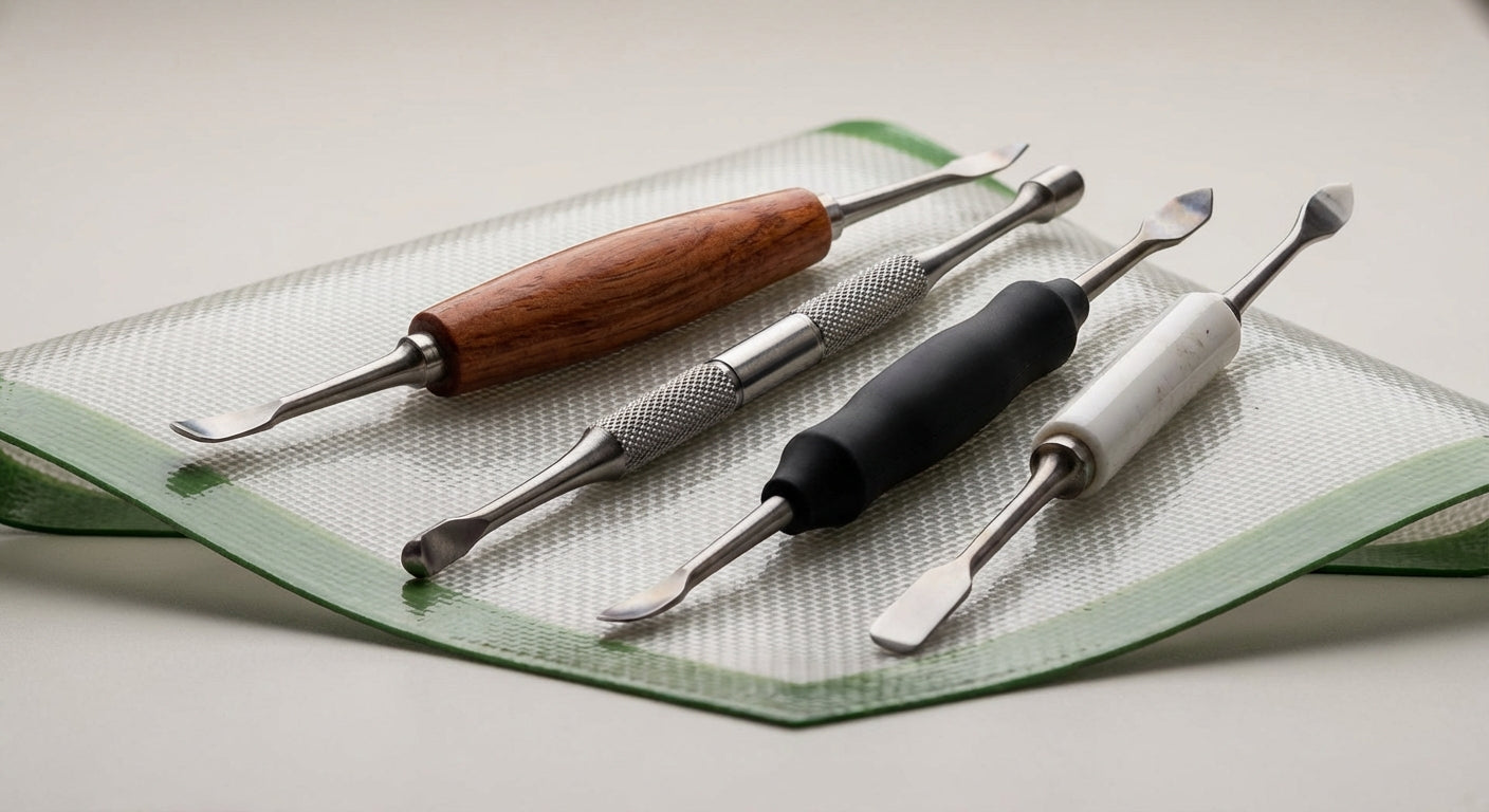 Close-up of several dab tools with different grips on a silicone dab mat