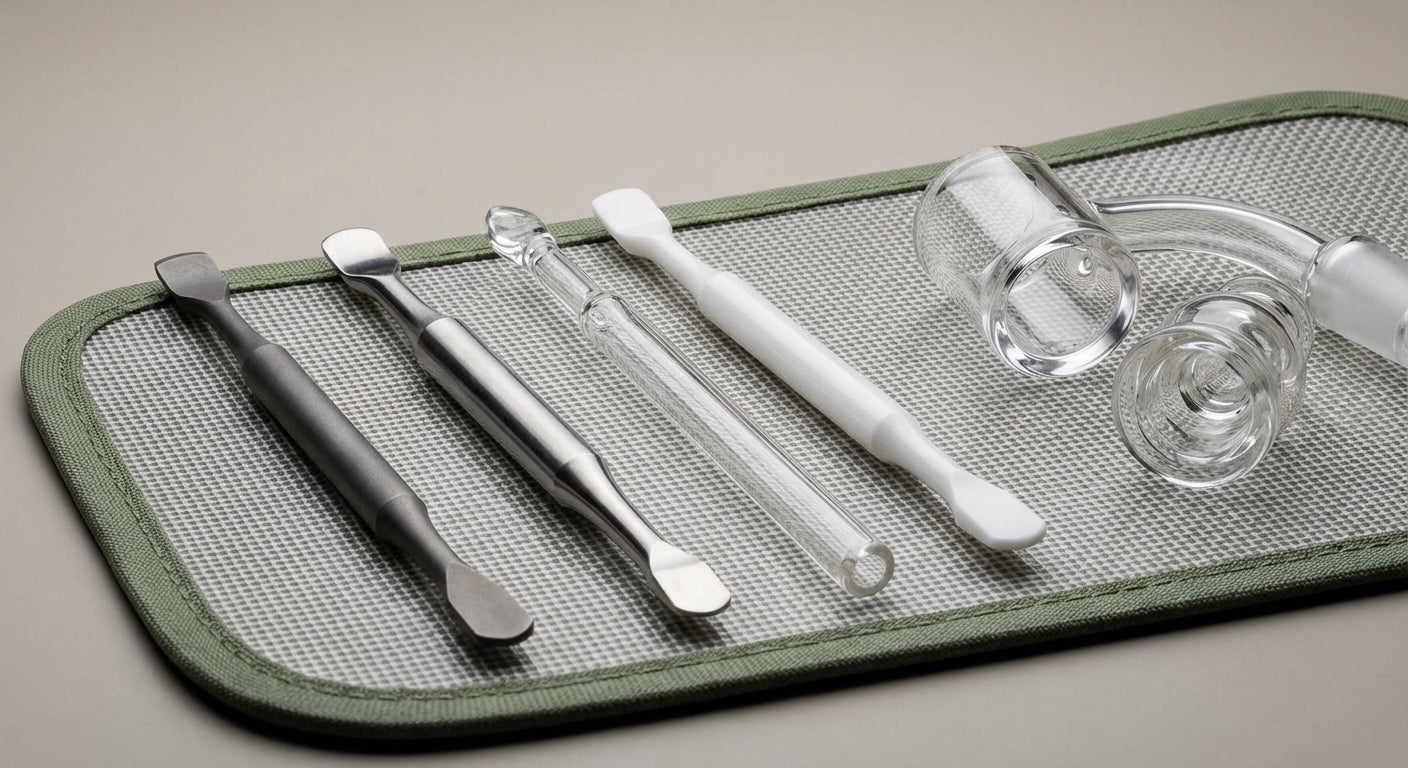 Close-up of four dab tools (titanium, stainless, glass, ceramic) laid on a silicone dab mat with a quartz banger and ...