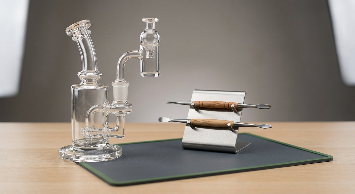 Close-up of a dab rig with a magnetic dab tool stand and silicone dab mat on a desk