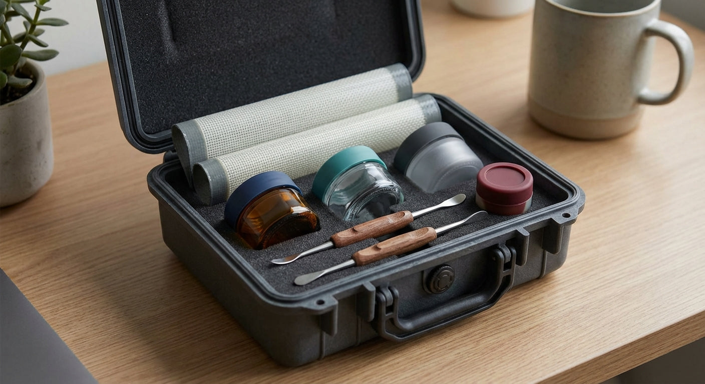 Open travel dab kit with silicone mats, containers, and tools neatly organized in a small hard case