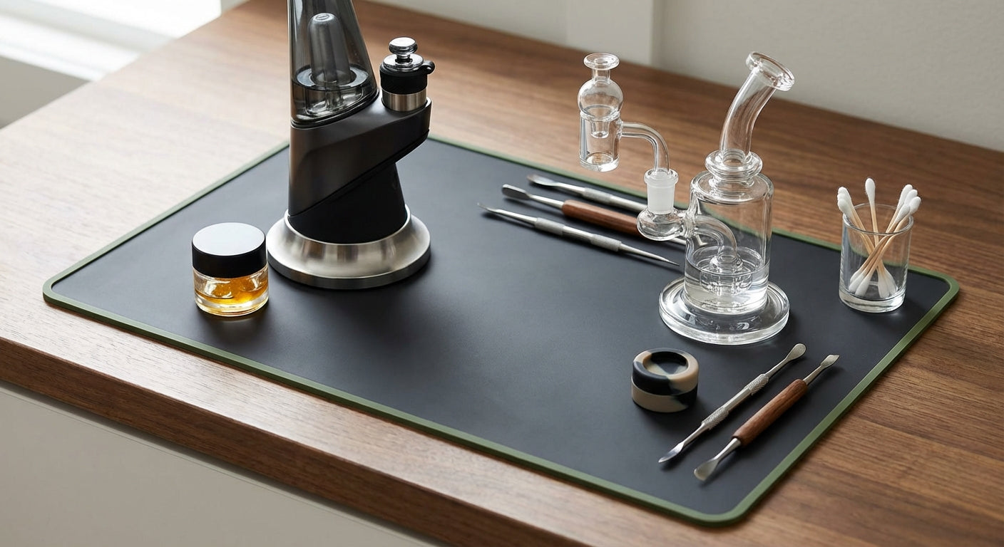 Side by side shot of an electric dab rig and a traditional glass rig on a silicone dab mat, with tools and concentrat...