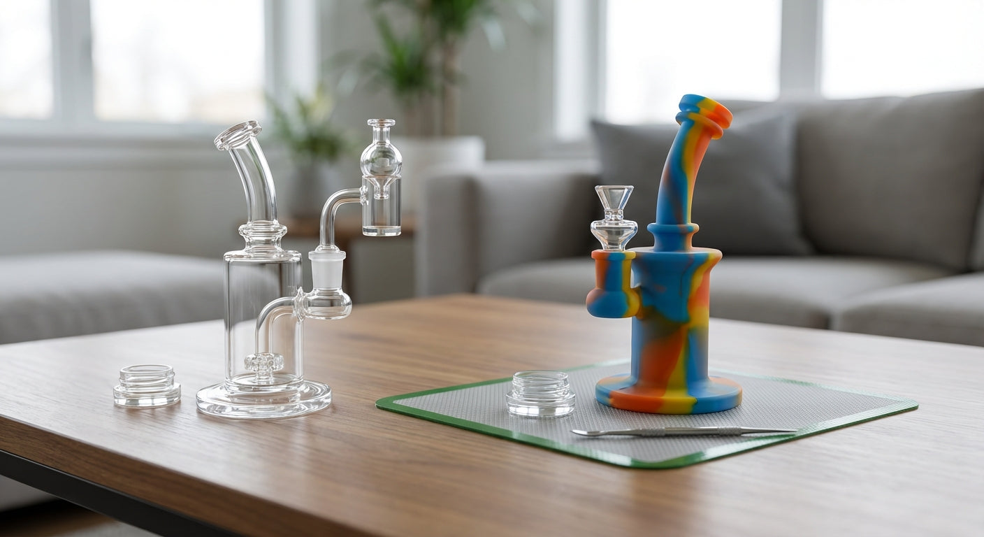 Side-by-side of a small glass dab rig next to a colorful silicone rig and pad setup on a coffee table