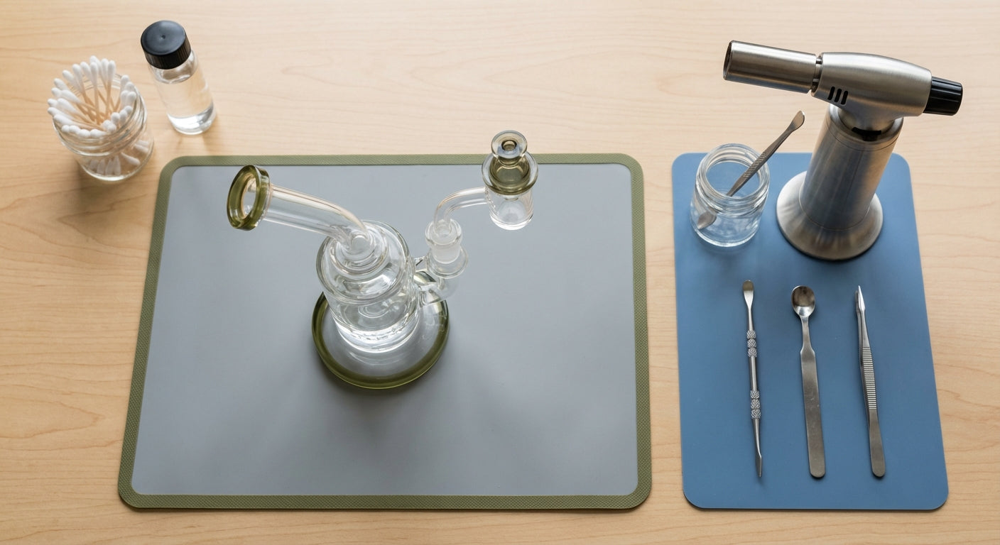 Overhead shot of a clean, organized dab station with rig, torch, tools and silicone mats