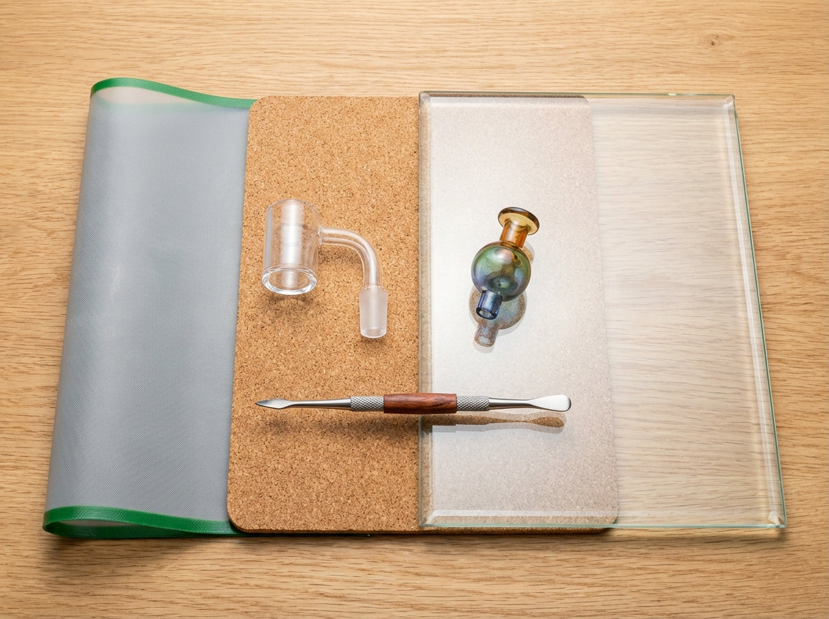 Side-by-side closeup of silicone, cork, and glass dab mats with a quartz banger, carb cap, and dab tool for scale