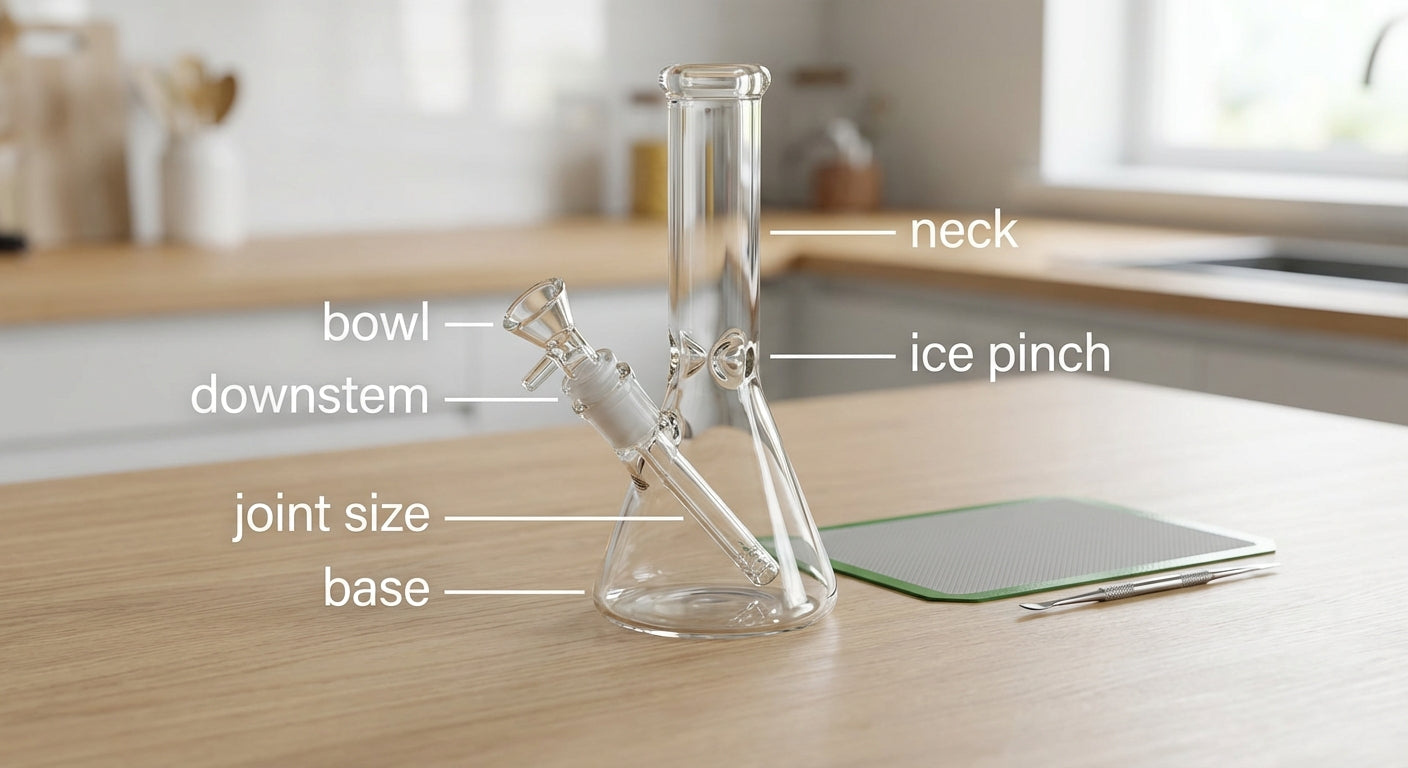 A labeled diagram  bong parts: bowl, downstem, joint size, base, neck, ice pinch
