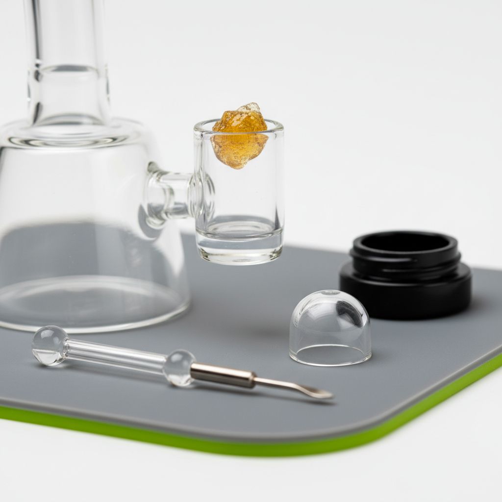 Close-up of a quartz banger with concentrate loaded before heating