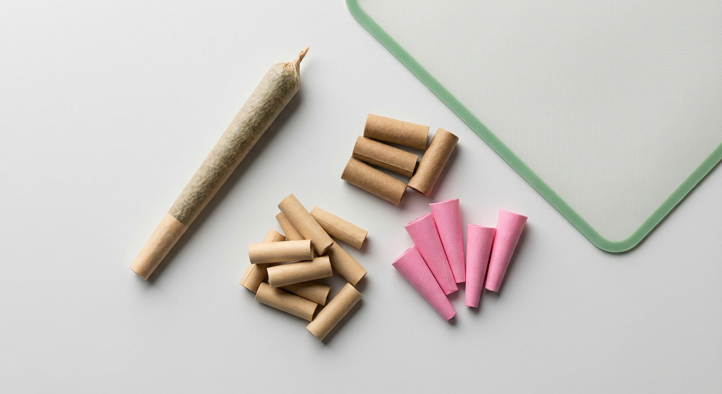 Flat lay of various filter tips including pink Blazy Susan filter tips next to a freshly rolled joint on a clean surface