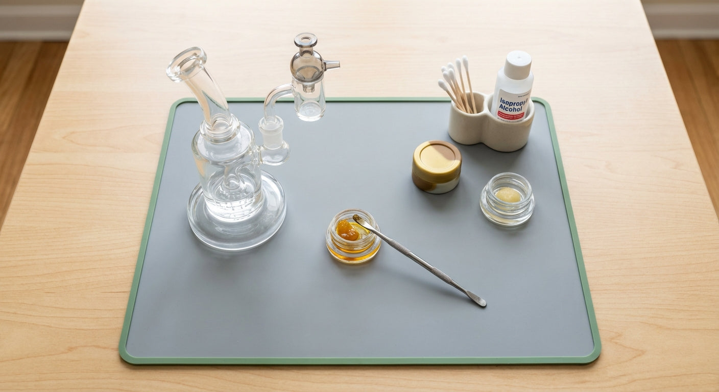 Overhead shot of a clean dab station with a large silicone dab mat, rig, tools, and concentrates neatly arranged