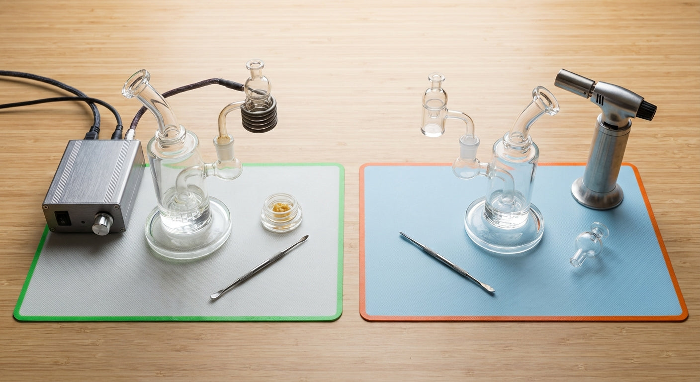 Side-by-side flat lay of an e-nail controller with coil attachment on a dab rig versus a butane torch setup with quar...