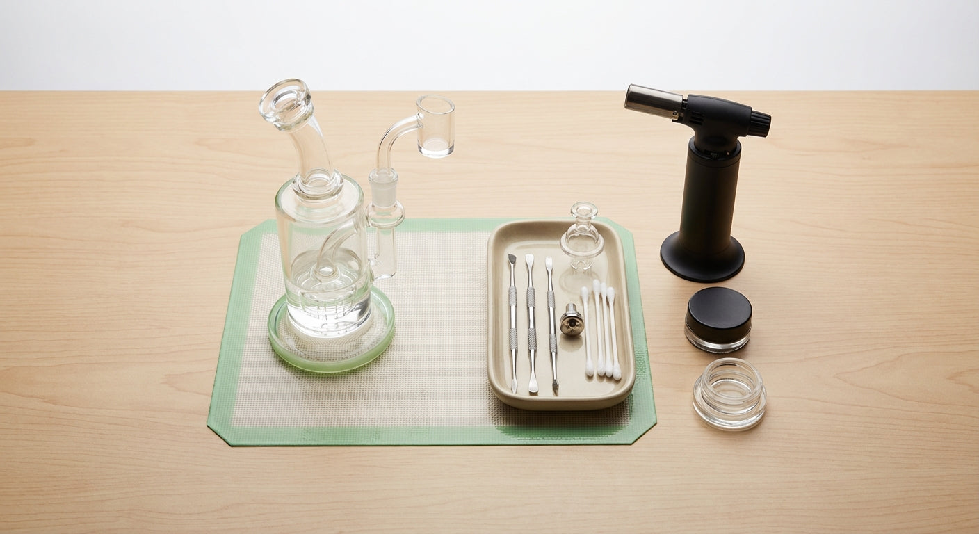Overhead shot of a clean, organized dab station with rig on silicone mat, tools in a small tray, torch and concentrat...