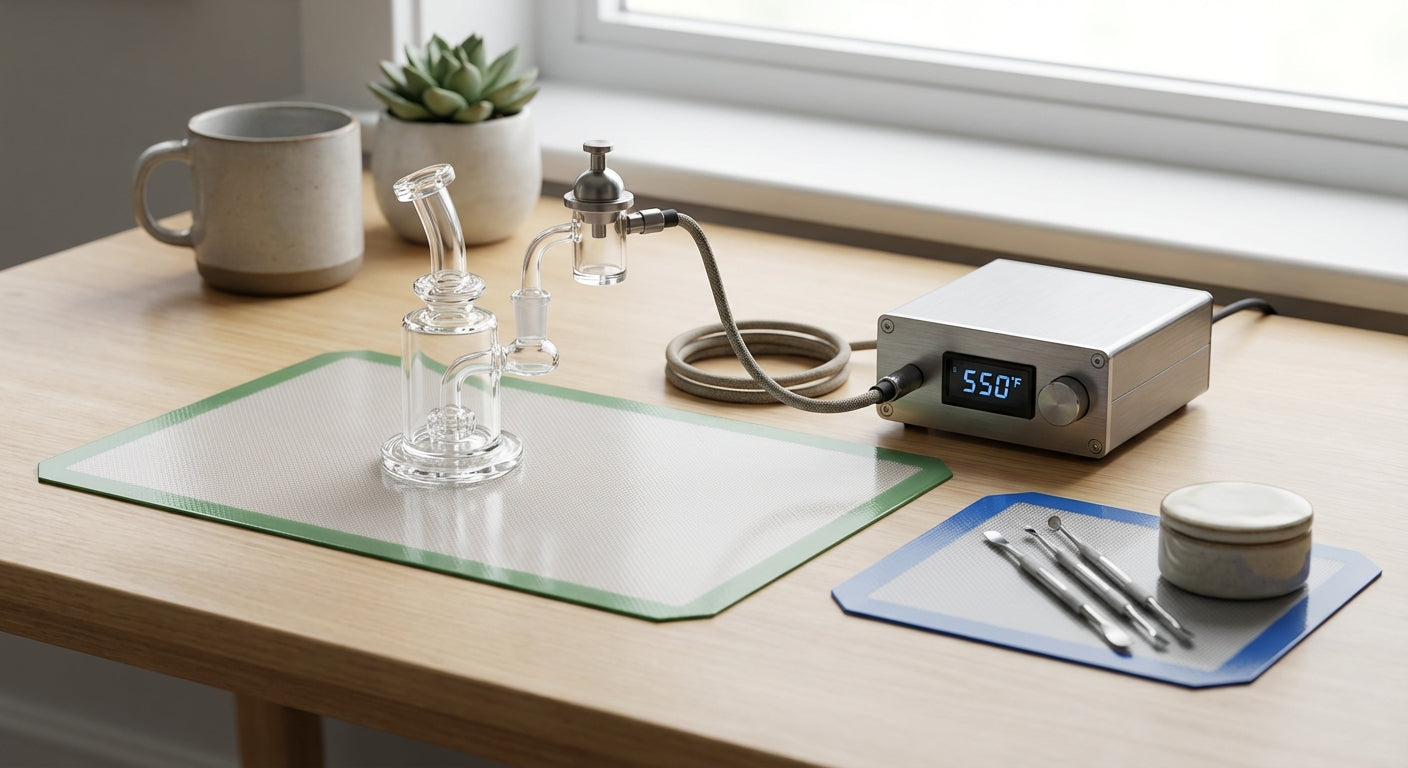 A minimalist low-noise dab station on a desk with silicone mats, a small rig, and an e-nail controller