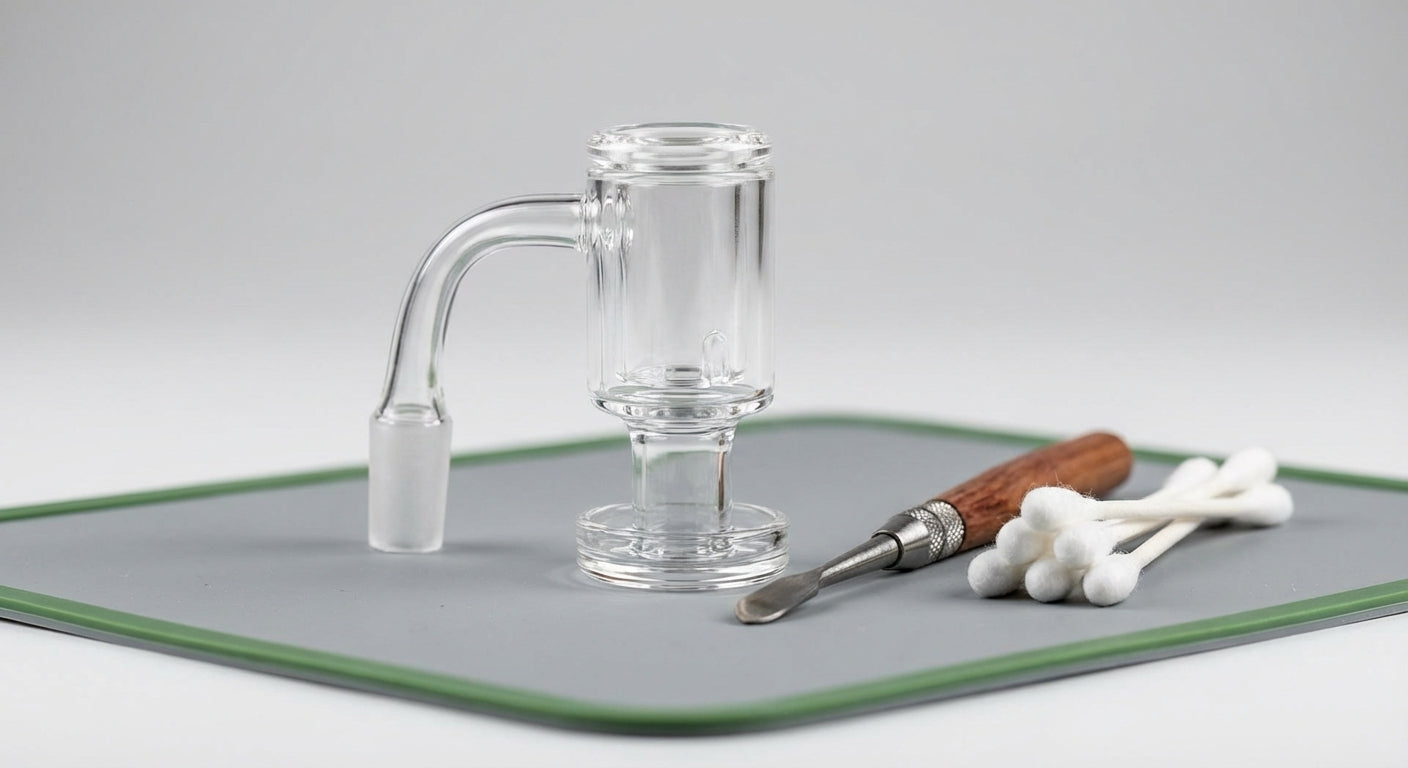 Close-up of a 30mm quartz hollow insert sitting in a control tower banger, with a dab tool and glob mops nearby