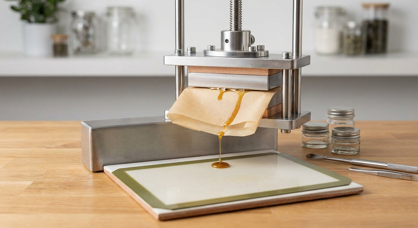 A home rosin press setup with flower loaded between parchment sheets, heat plates visible, warm golden rosin being sq...