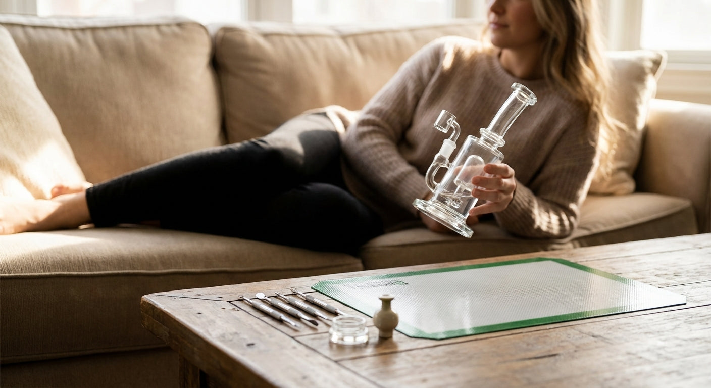 Person reclining on a couch, holding a dab rig at a relaxed angle with a silicone dab mat and tools neatly laid out o...