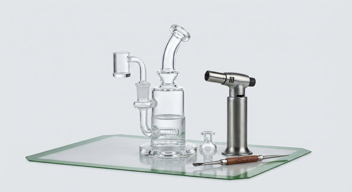 Close-up of a clean dab rig with crystal-clear water on a silicone dab mat next to a torch and tools