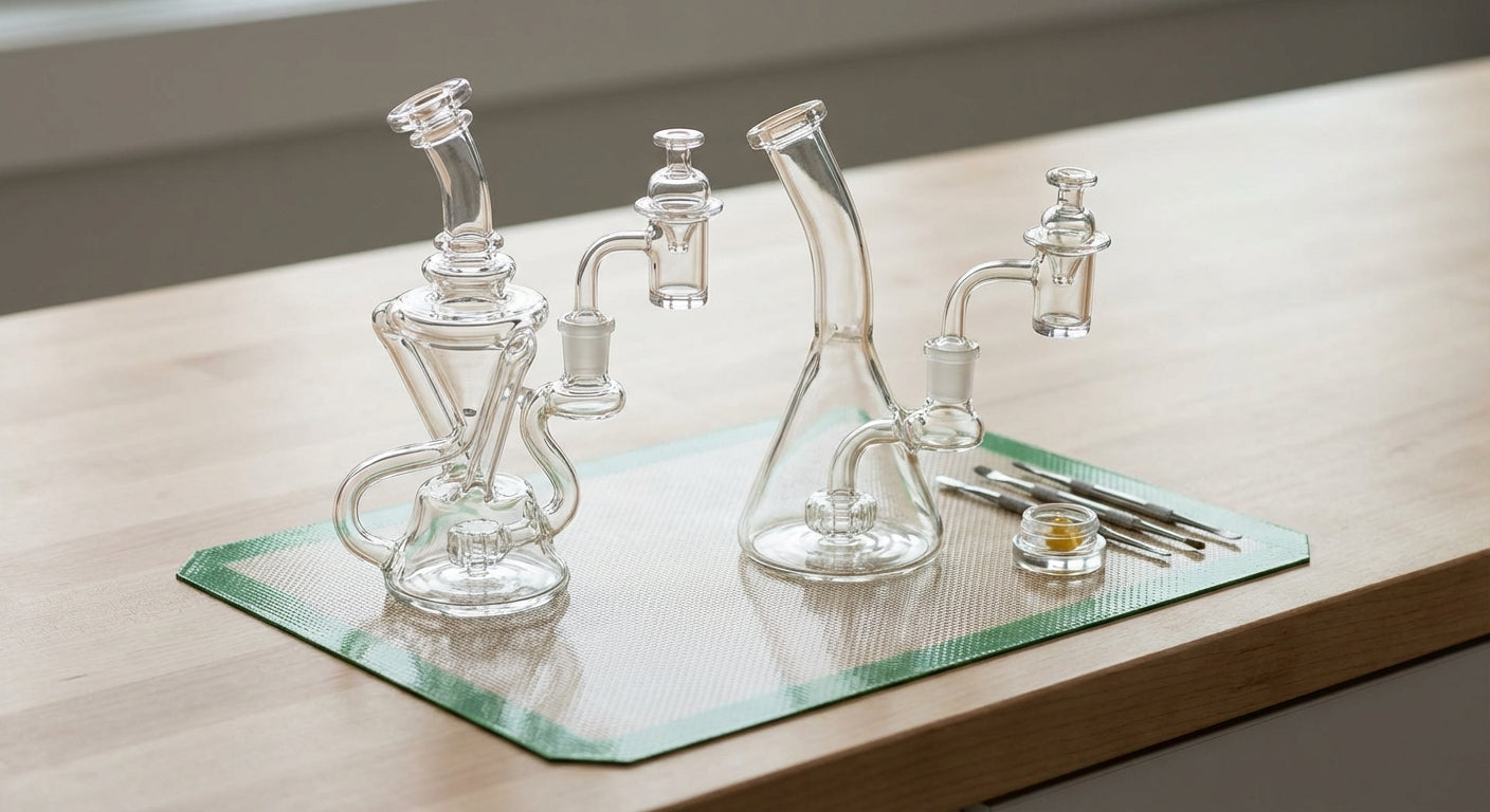 Side-by-side photo of a recycler dab rig and a standard dab rig on a silicone dab mat