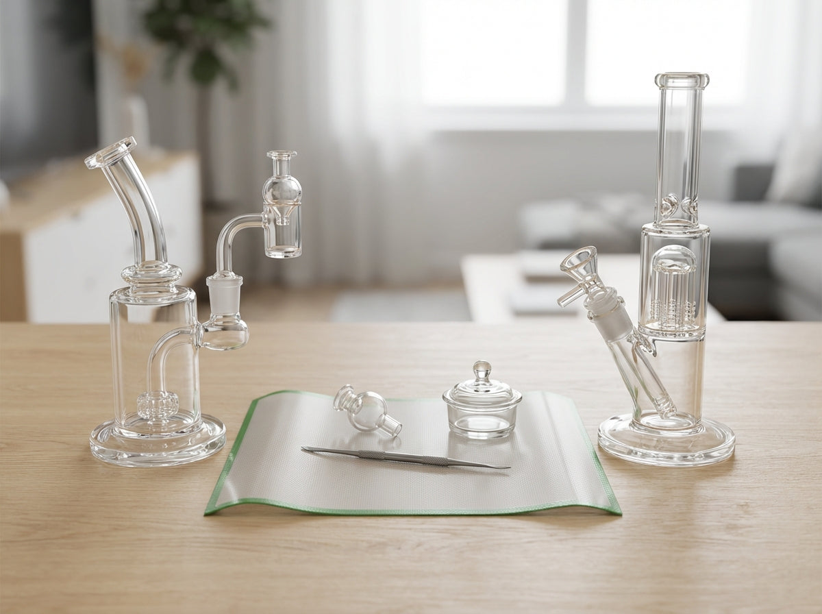 A dab rig and a bong side by side on a table, with a silicone dab pad and tools neatly laid out between them