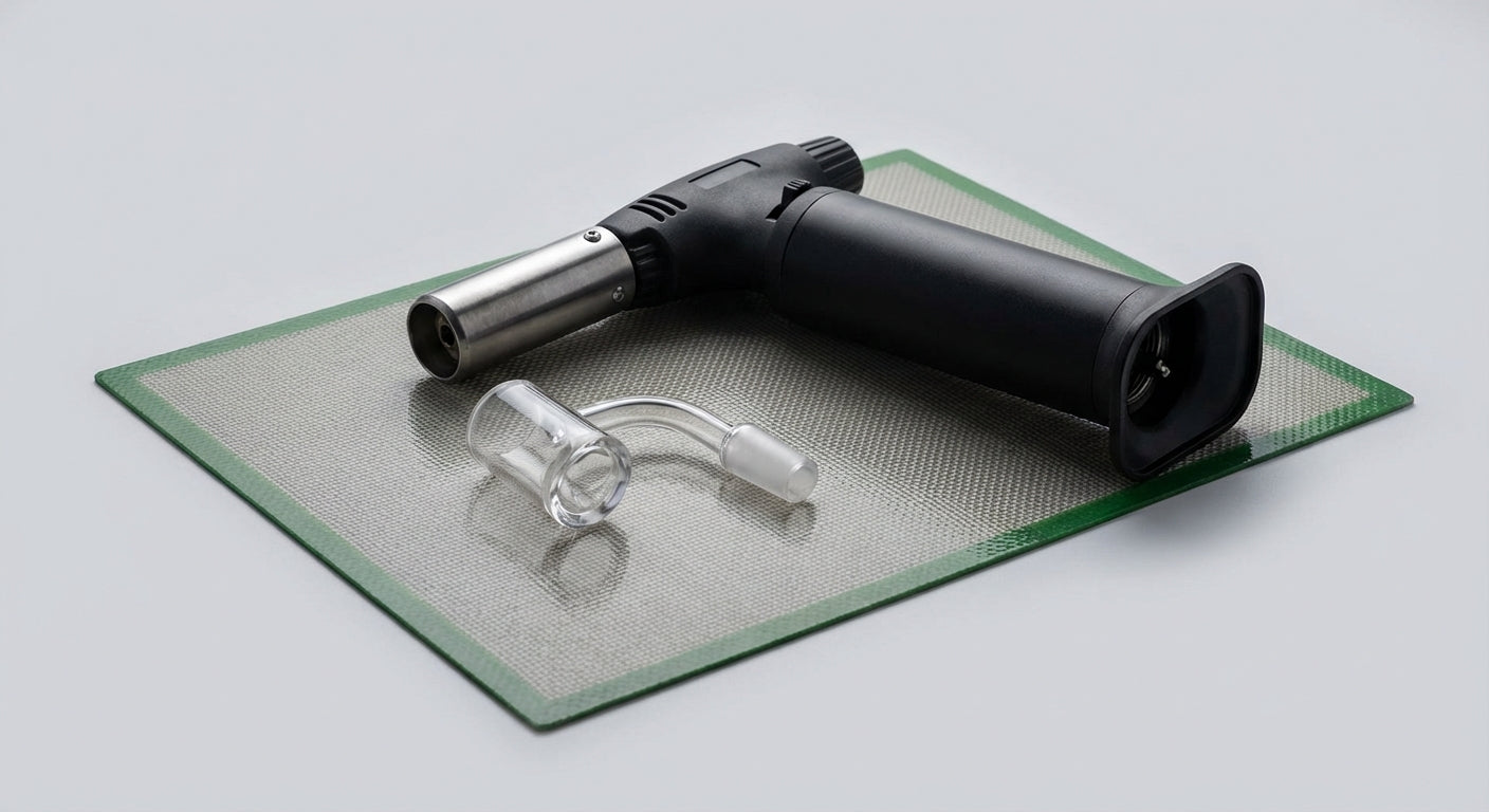 Close-up shot of a heavy-duty dab torch next to a quartz banger on a silicone dab mat