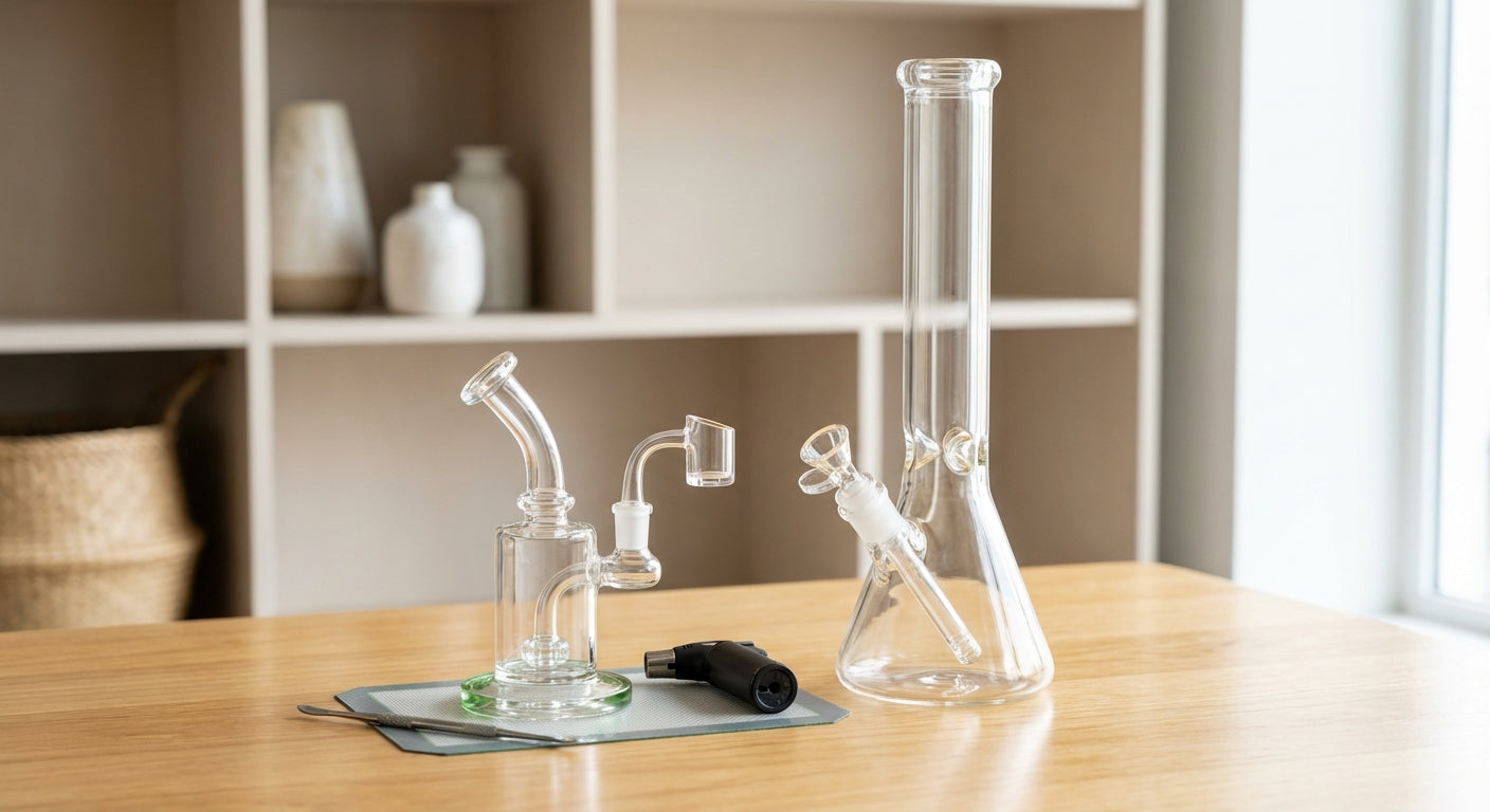 Side-by-side photo of a compact dab rig and a taller bong,  size and joint differences
