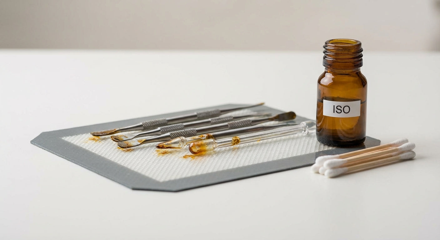 Close-up of dirty dab tools on a silicone dab mat next to a small bottle of isopropyl and cotton swabs