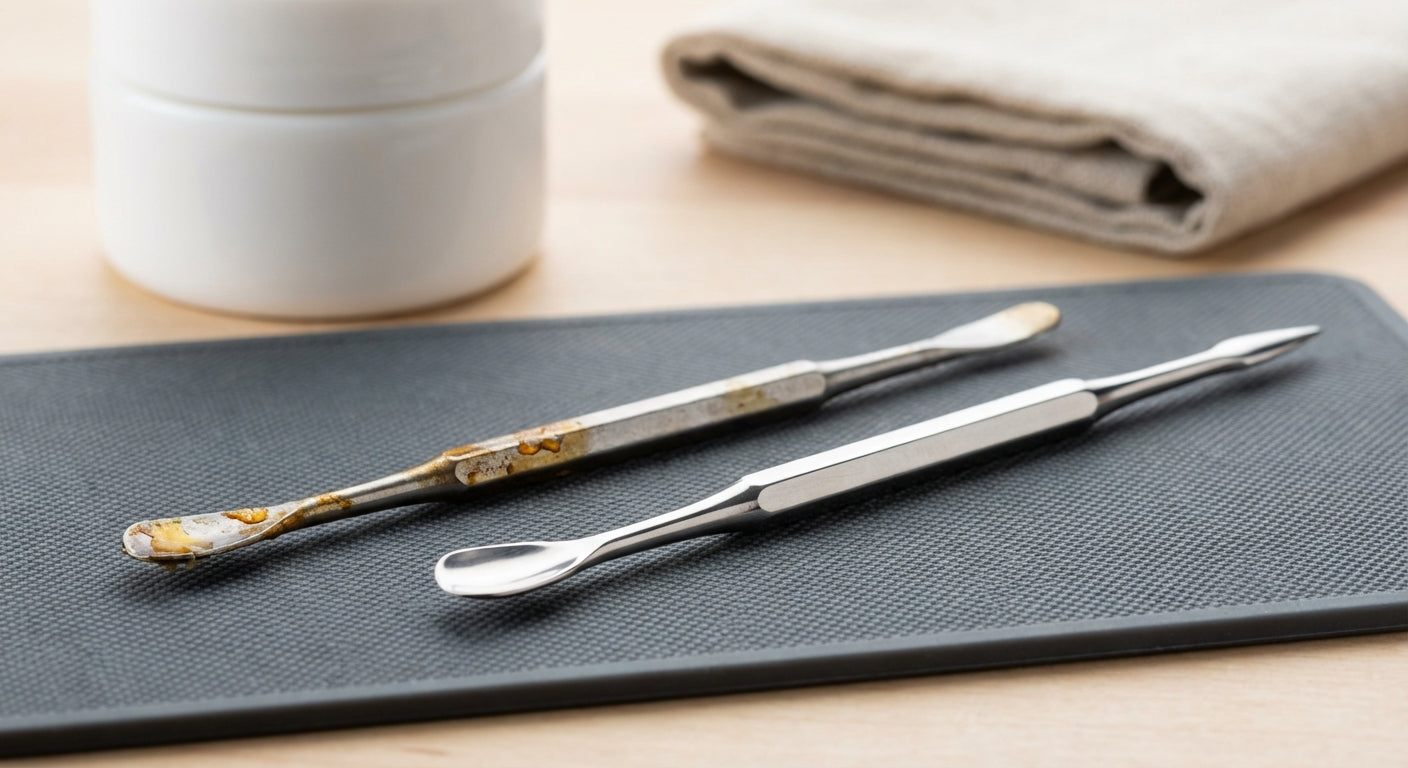 Close-up of a dirty dab tool next to a sparkling clean dab tool on a silicone dab mat