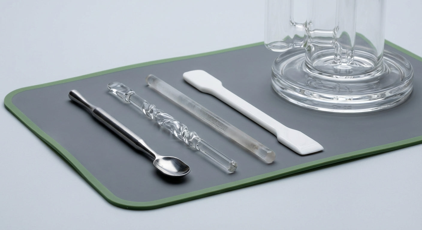 Close-up lineup of stainless, glass, quartz, and ceramic dab tools on a silicone dab mat next to a dab rig