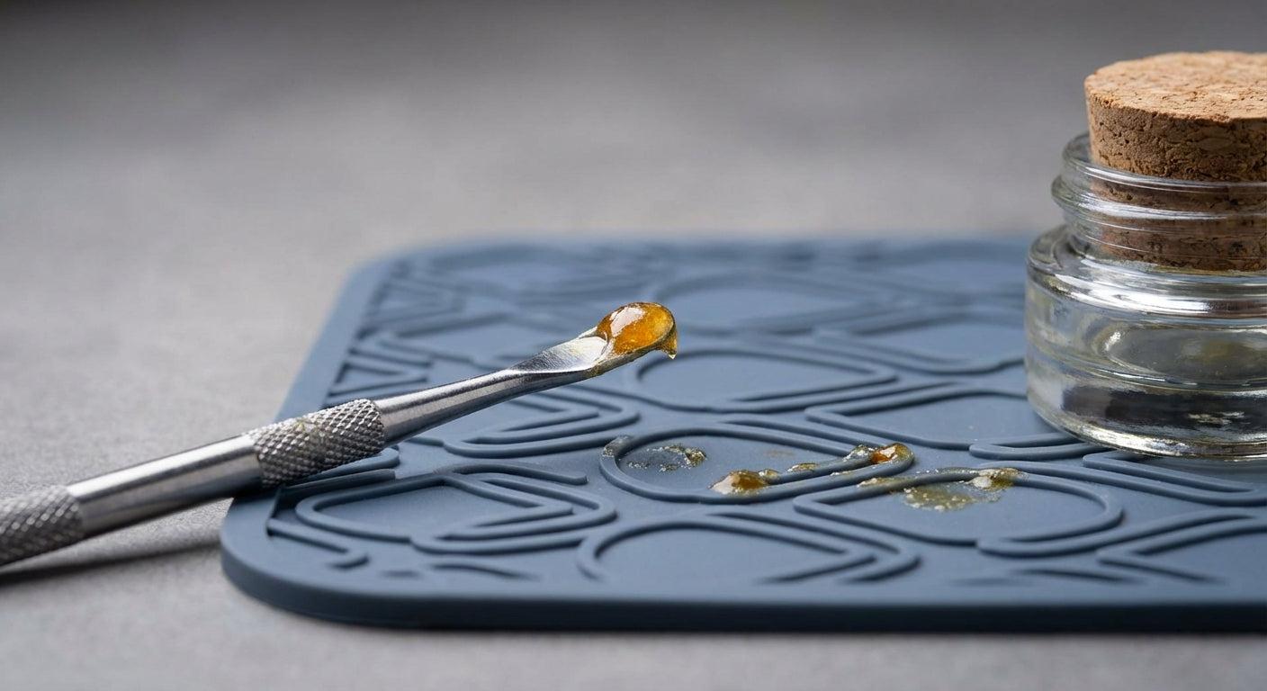 Close-up of a messy dab tool on a silicone dab mat with sticky residue visible